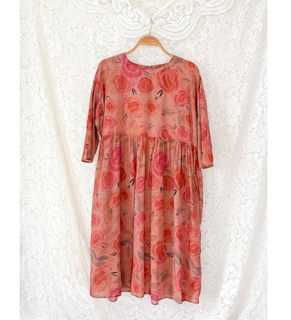 Gudrun Sjödén Dusty Pink Watercolor Roses Organic Cotton Floral Midi Dress